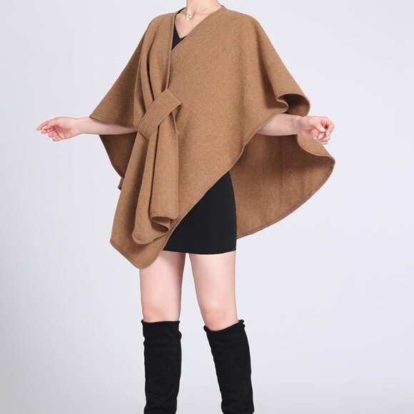 Women's Plus Size Wool Blend Cross Front Cape Wrap Warm Fall Winter Shawl - Picture 3 of 7
